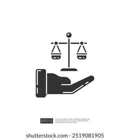 Hand holding scales of justice icon in line style. Law, legal, attorney, court, justice, equality, balance, right, judge, law firm, advocate, legal advice, legal services, law firm logo