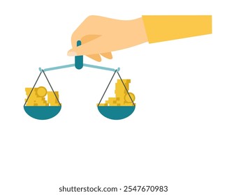 Hand holding scales. Money in the scales. Vector simple color flat illustration.