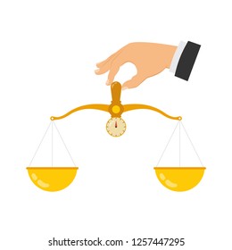 Hand holding scales to weigh objects. Scales in the hands of man, scales in the hands of justice, justice concept. Vector illustration