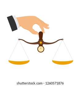 Hand holding scales to weigh objects. Scales in the hands of man, scales in the hands of justice, justice concept. Vector illustration