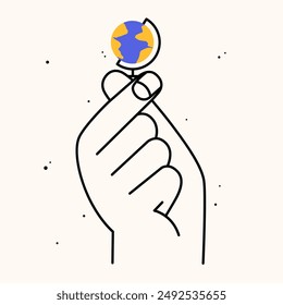 Hand holding school stuff. Hand draw flat vector illustration with the big hand with the colorful globe. Trendy isolated illustration, education concept.