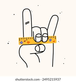 Hand holding school stuff. Hand draw flat vector illustration with the big hand with the colorful ruler. Trendy isolated illustration, education concept.