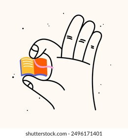 Hand holding school stuff. Hand draw flat vector illustration with the big hand with the colorful book. Trendy isolated illustration, education concept.