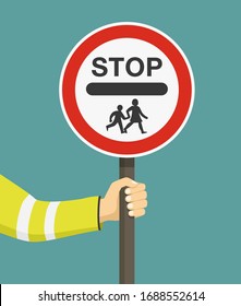 Hand holding school warden sign. United Kingdom road sign. Flat vector illustration.