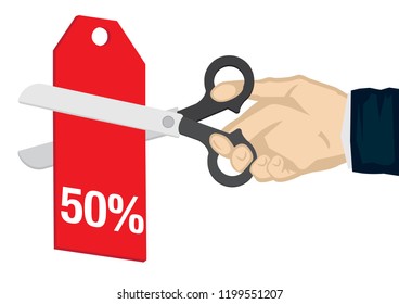 Hand holding a scissor, cutting the 50% off price tag. Concept of sale, discount; promotion or bargain. Isolated vector illustration