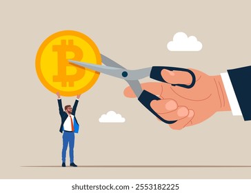 Hand holding scissors to cut bitcoin money. Divide money, share profits. Cost reduction or cut price. Flat vector illustration.