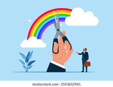 Hand holding scissors to cut bright rainbow. Negative thinking to find opportunity. Prohibition of demonstrations and same-sex marriage. The LGBT rainbow ribbon tape is cut with scissors.