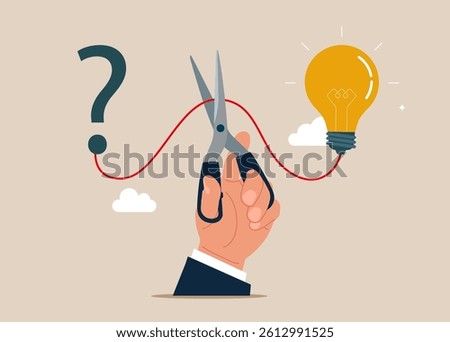 Hand holding scissors cut the connected wire between question mark with lightbulb solution. No solution, no answer to hard question or innovation no help, no technology success. Vector illustration