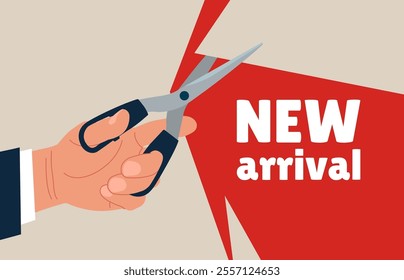 Hand holding scissors to cut curtain about new arrival or new company. Place for text. Flat vector illustration