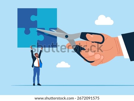 Hand holding scissors to cut jigsaw puzzle elements. Conflict and argument between colleagues, difference opinion, disagree, confrontation. Fight back win over difficulty. Vector illustration