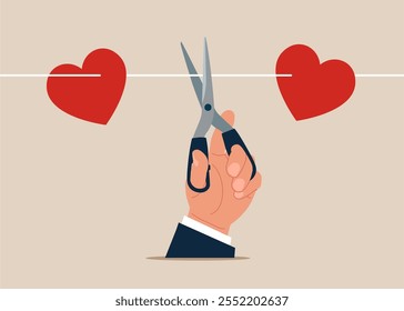 Hand holding scissors cut the rope on which hang two hearts. End of relationship. Symbol of misunderstanding, love problems, miscommunication. End of family life. Vector illustration in flat style.