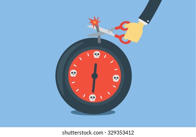 Hand holding scissors cutting the bomb fuse for safe bomb detonated. This illustration meaning to keep deadline in work.