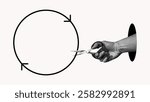 Hand holding scissors cutting looping circle, symbol of breaking the cycle. Concept of making changes collage illustration