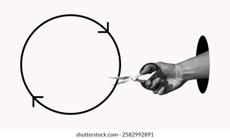 Hand holding scissors cutting looping circle, symbol of breaking the cycle. Concept of making changes collage illustration
