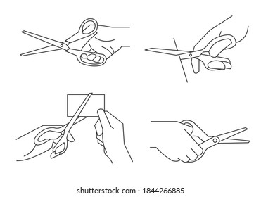 Hand holding scissors cutting paper line illustration