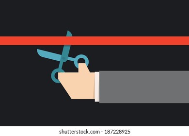 hand holding scissors cutting red ribbon, vector.