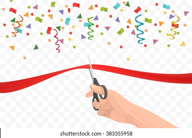 Hand holding scissors and cutting red ribbon on the transperant background with colorful confetti . Opening ceremony or celebration and event.