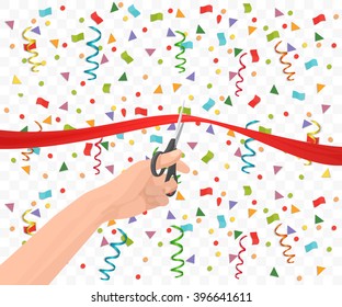 Hand holding scissors and cutting red ribbon on the transperant background with confetti. Opening ceremony event celebration.