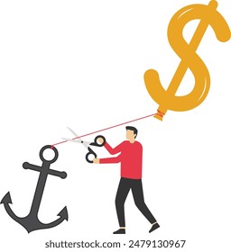 Hand holding scissors cutting a rope with an anvil on one side and balloon with word PRICES on other. Inflation and crisis concept. Vector illustration.

