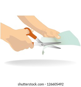 Hand Holding Scissors Cutting White Paper