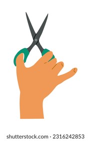 Hand holding Scissors. Hand drawn cartoon style flat Vector illustration isolated on white background. Design element, logo, social media icon template