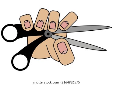 Hand holding scissors, isolated on white background in cartoon style in vector graphic