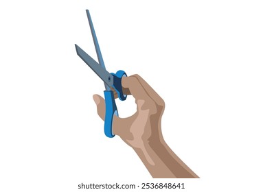 Hand holding scissors isolated on white background.