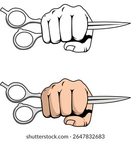 Hand holding scissors tools vector illustration. Fist with scissors for logo, label, emblem, sign, badge.	