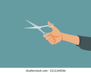 
Hand Holding Scissors Vector Cartoon Illustration. Worker Holding A Sharp Cutting Tool For His Crafty Business
