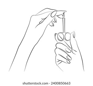 hand holding scissors vector line art