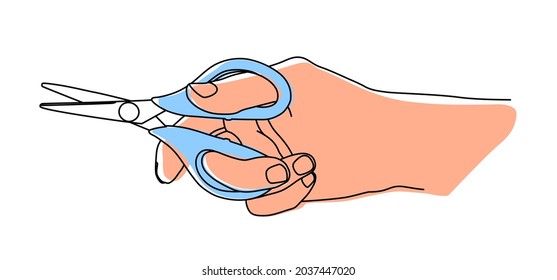 Hand holding a scissors, writing or drawing, isolated on white background