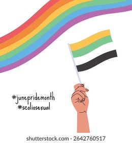 A hand holding scoliosexual pride flag. LGBT pride month square banner. Vector illustration for an annual celebration of gender diversity