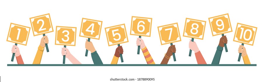 Hand holding scorecards with numbers from 1 to 10 vector isolated. Jury showing result. Group of judges with signs.