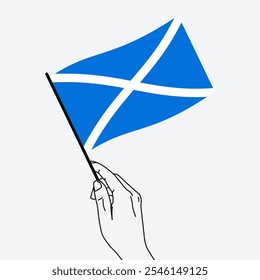 Hand holding Scotland flag in line art drawing style. Scotland hand Flag waving. Vector illustration