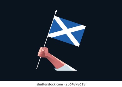 A hand holding a Scotland flag, Flag of Scotland national country symbol illustration Vector, Rectangle Scotland flag illustration, Flat vector illustration
