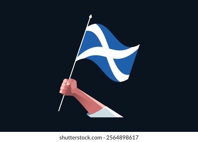 A hand holding a Scotland flag, Flag of Scotland national country symbol illustration Vector, Rectangle Scotland flag illustration, Flat vector illustration
