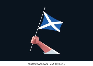 A hand holding a Scotland flag, Flag of Scotland national country symbol illustration Vector, Rectangle Scotland flag illustration, Flat vector illustration
