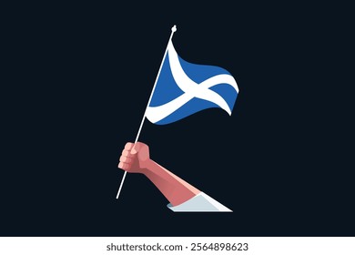 A hand holding a Scotland flag, Flag of Scotland national country symbol illustration Vector, Rectangle Scotland flag illustration, Flat vector illustration
