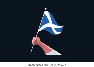 A hand holding a Scotland flag, Flag of Scotland national country symbol illustration Vector, Rectangle Scotland flag illustration, Flat vector illustration
