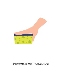 Hand holding scouring pads or sponge for cleaning flat cartoon vector illustration isolated on white background. Housework domestic supplies and cleaning.