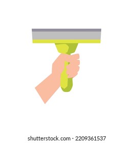 Hand holding scraper to clean windows with handle, flat cartoon vector illustration isolated on white background. Window glass washing tools and cleanliness products.