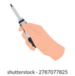 Hand holding screwdriver. Hand with construction tool isolated on white background. Home craftsman