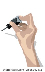 Hand holding screwdriver on white background.