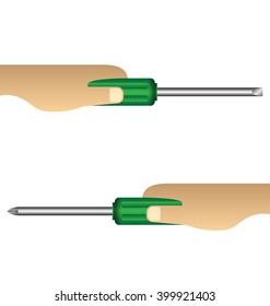 Hand holding screwdriver on white