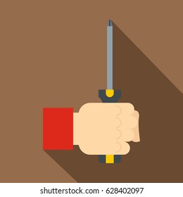 Hand holding screwdriver tool icon. Flat illustration of hand holding screwdriver tool vector icon for web on coffee background