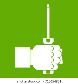 Hand holding screwdriver tool icon white isolated on green background. Vector illustration