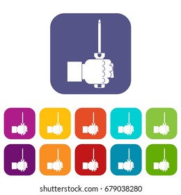Hand holding screwdriver tool icons set vector illustration in flat style In colors red, blue, green and other