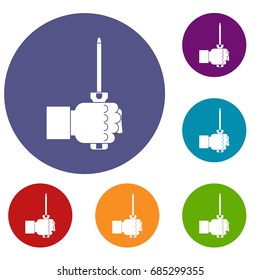 Hand holding screwdriver tool icons set