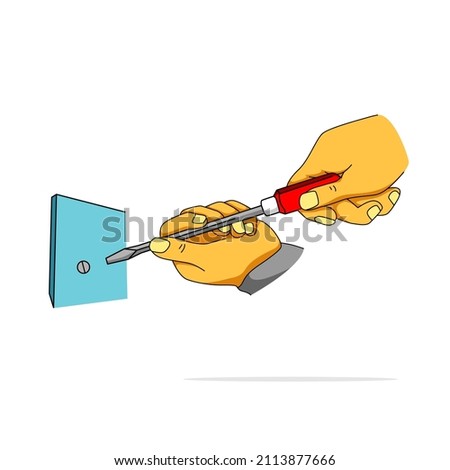 Hand holding a screwdriver trying to screw off isolated on white background
