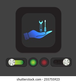 hand holding a screwdriver and wrench, symbol settings sign